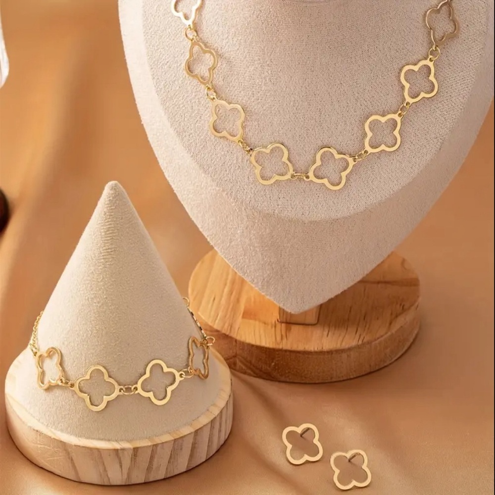 Clover Neckalce Bracelet Earring Set for Women 14K Gold Plated Stainless Steel